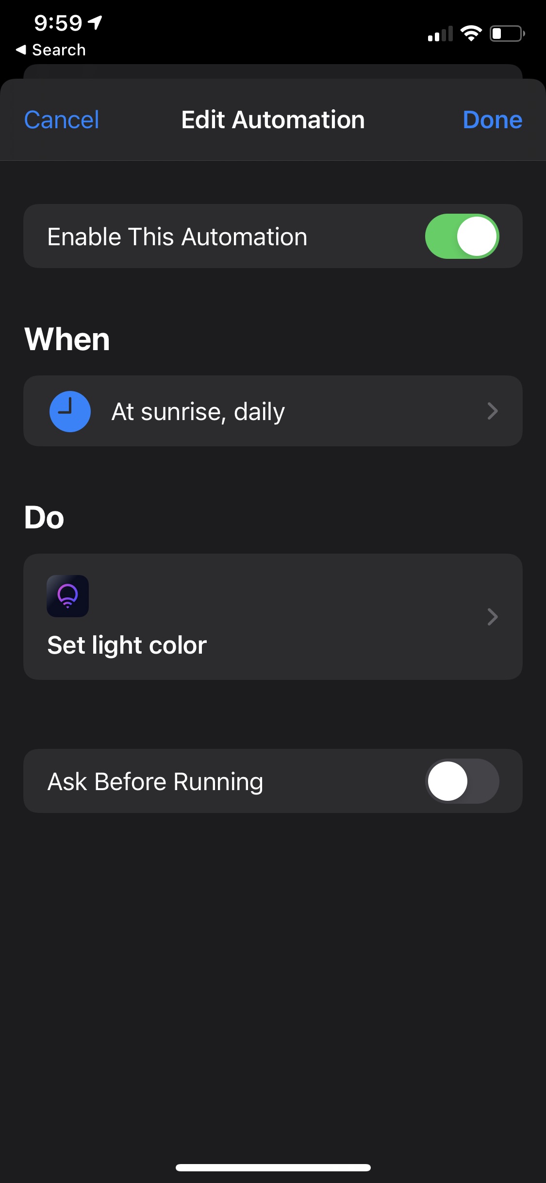 LIFX sunrise automation in the Shortcuts app