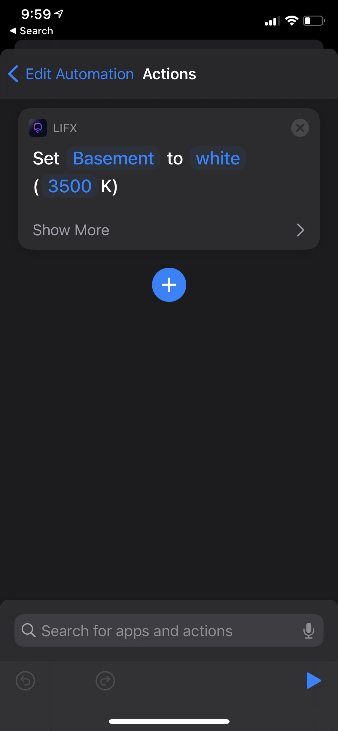 LIFX sunrise automation actions in the Shortcuts app